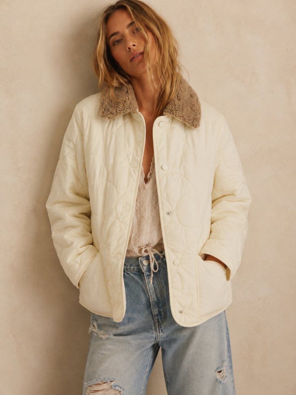 Cream Quilted Puffer Jacket Brown Faux-Shearling Collar Ivory Women Size 4
